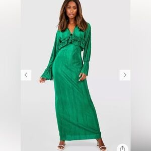 Green Plisse Long Sleeve Pleated Ruffle Maxi Dress NEW Size 14